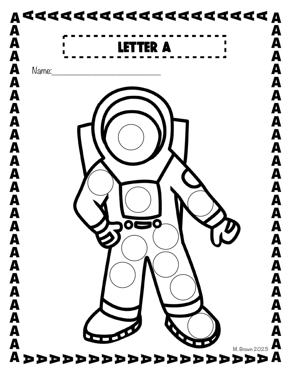Astronaut do-a-dot activity sheet completes the letter A set, with circles on the helmet, suit, and boot.