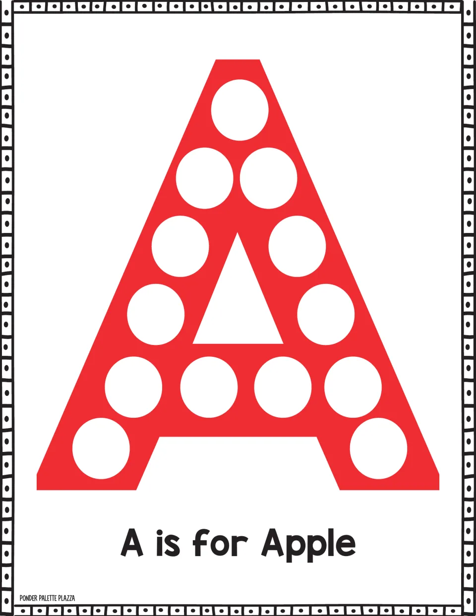 A is for Apple dot page: students fill the 13 circles on a big red capital A with dot markers to practise letter A