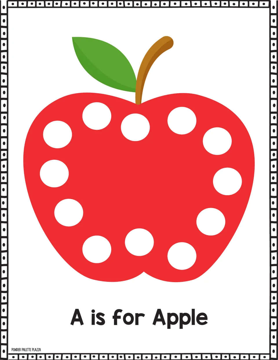 Apple dot page: students stamp the 12 circles on a red apple with a leaf and stem using dot markers to match letter A
