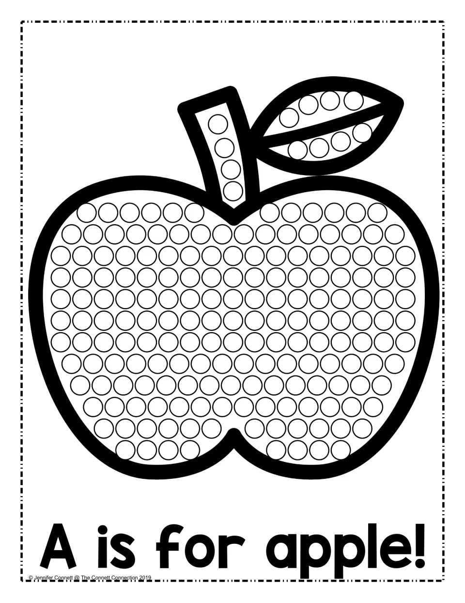 Letter A dot-painting activity featuring an apple filled with circles and the sentence “A is for apple!”