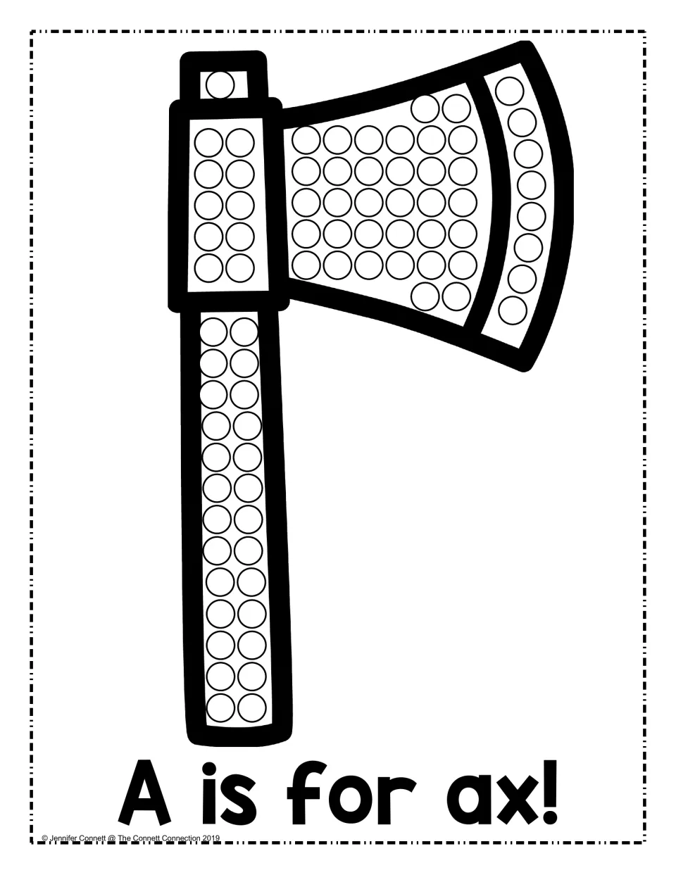 A is for ax: students dot-paint the circles along an ax handle and blade to connect the word ax with its first letter, A