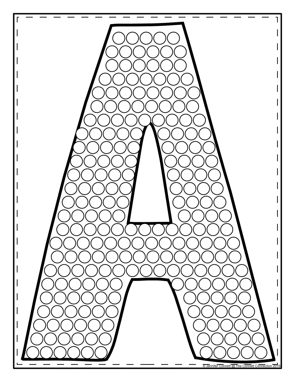 Uppercase A filled with circles to dab with a dot marker, so students build the capital letter shape one dot at a time