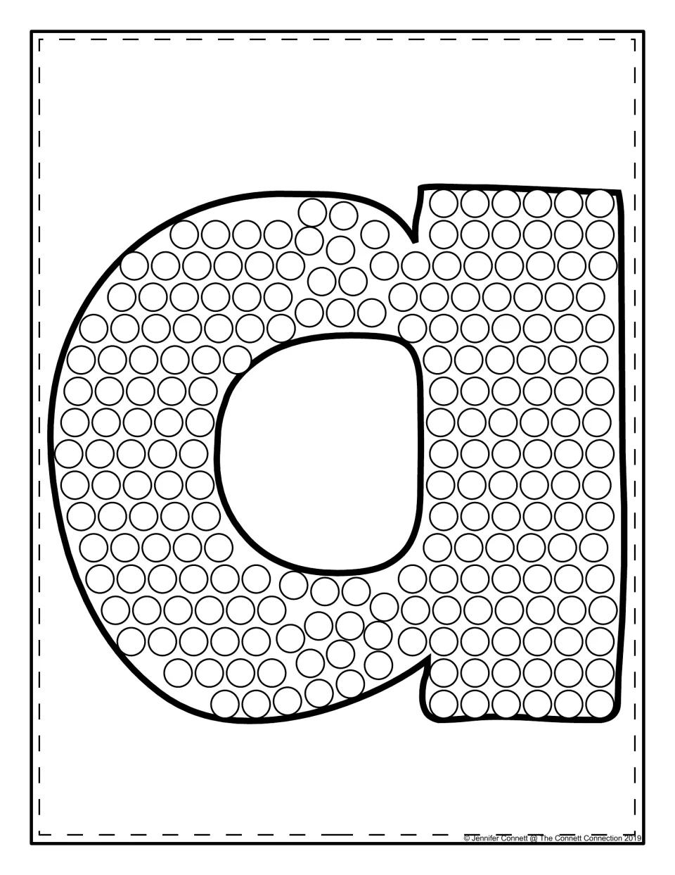 Lowercase a filled with empty circles for dot painting, giving students hands-on practice recognising the small letter form