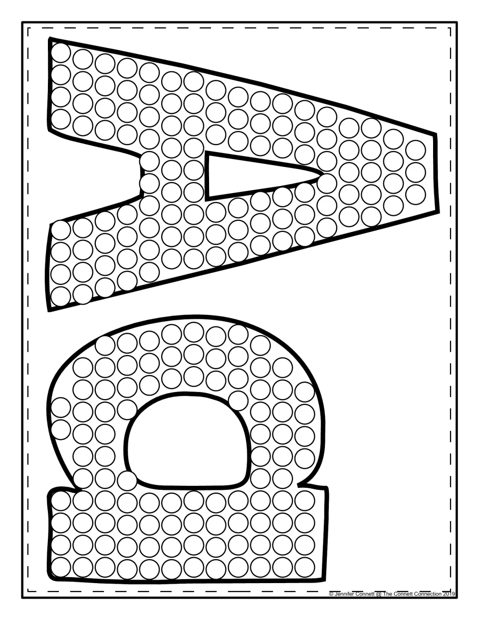 Capital A and lowercase a printed sideways, each filled with circles for dot painting to practise matching the letter pair