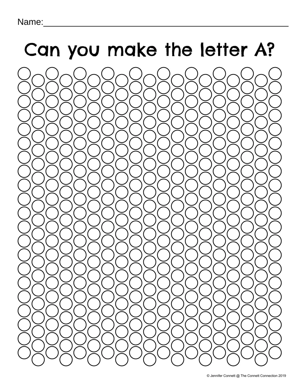 Can you make the letter A? Students dab dots across a field of circles to form their own capital A, then write their name