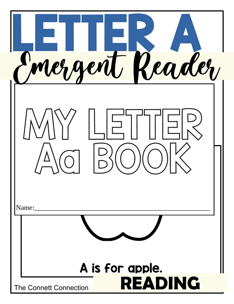 Letter A Emergent Reader cover showing the My Letter Aa Book title page with a Name line and the sentence A is for apple.