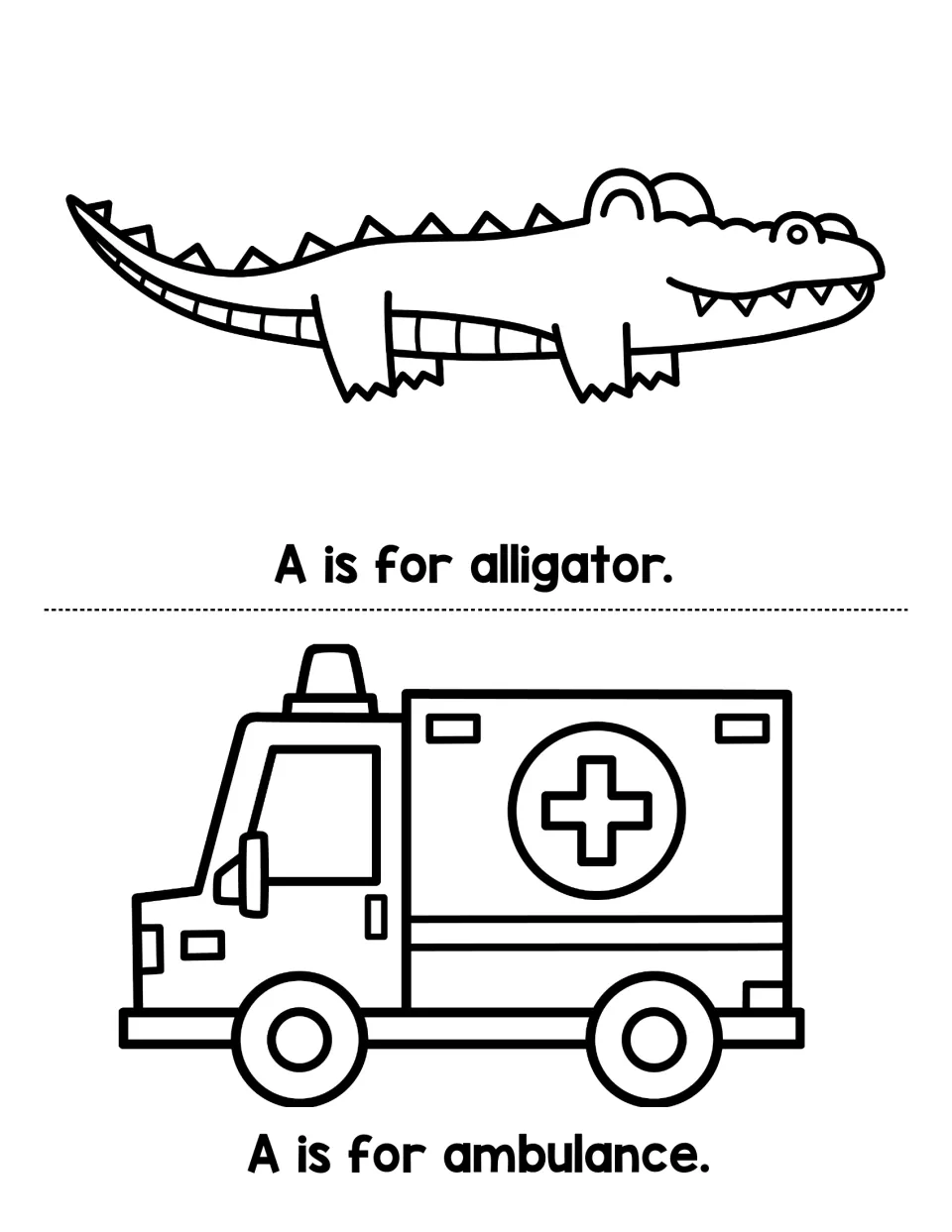 Letter A sound pages: children read A is for alligator and A is for ambulance, each under a black-and-white drawing