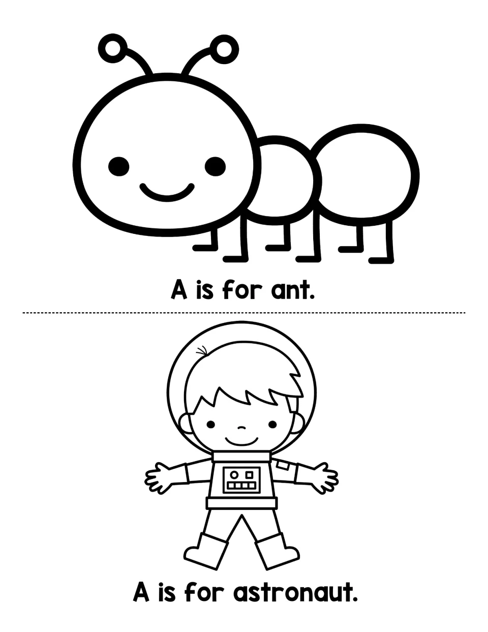 Initial sound /a/ practice: children read A is for ant and A is for astronaut beside simple outline pictures of each word