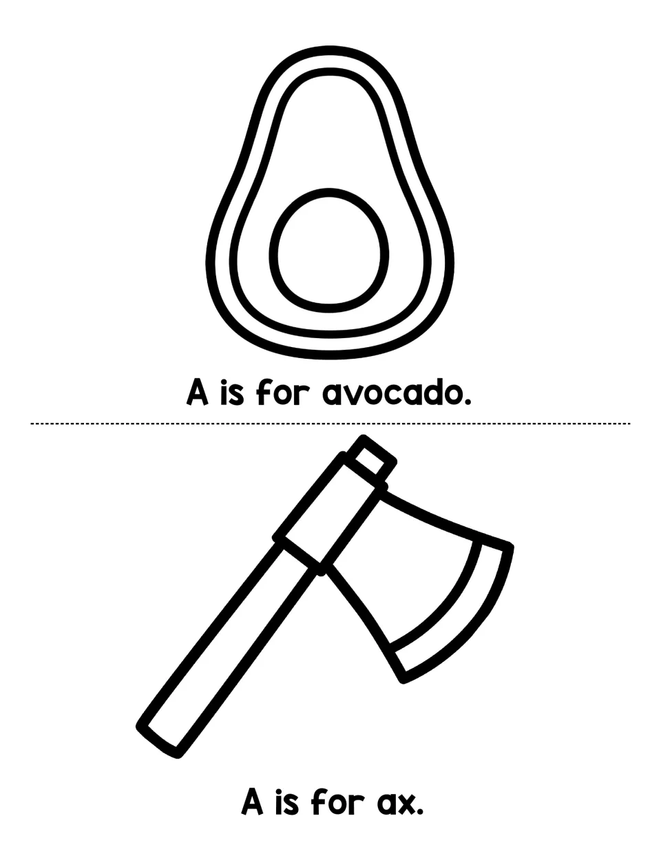 Final reader pages for A: children read A is for avocado and A is for ax, matching each word to its outline picture