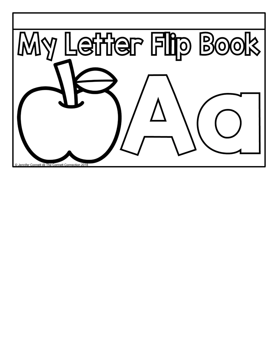 Letter A flip book cover featuring the title 'My Letter Flip Book,' an apple, and uppercase and lowercase Aa