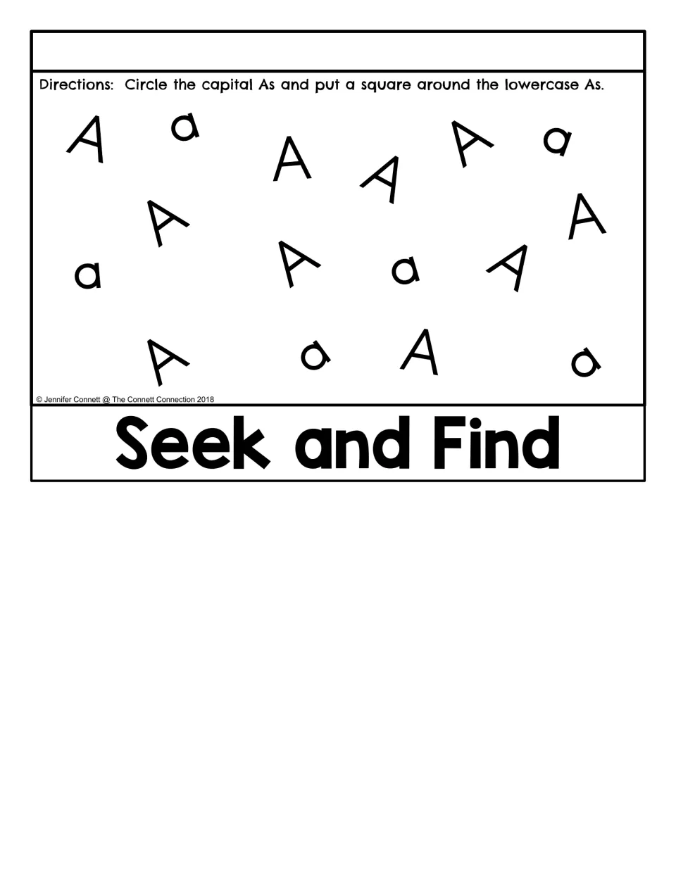 Seek and Find: students circle each capital A and draw a square around each lowercase a among scattered letters