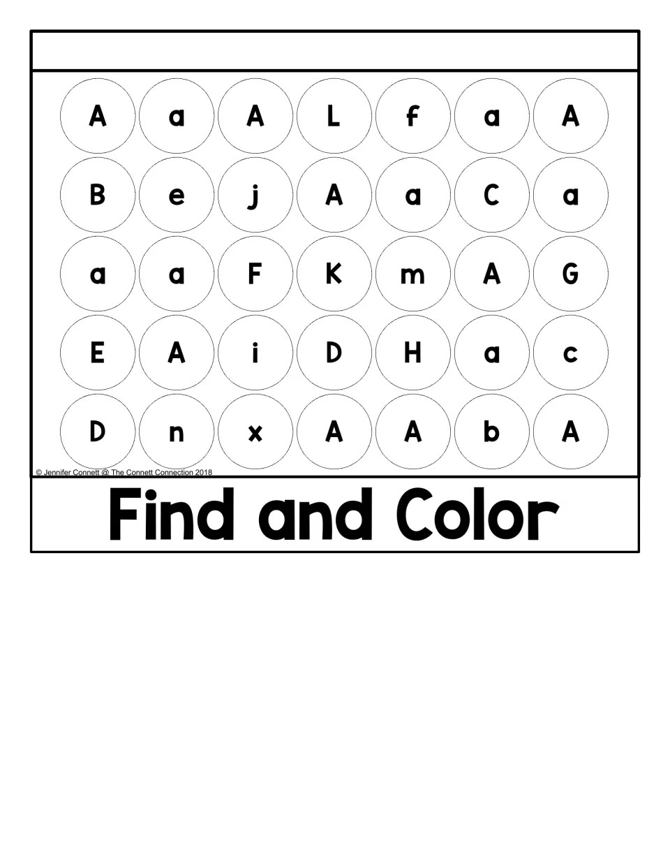 Find and Color: students color every circle holding a capital or lowercase A among circles of other letters