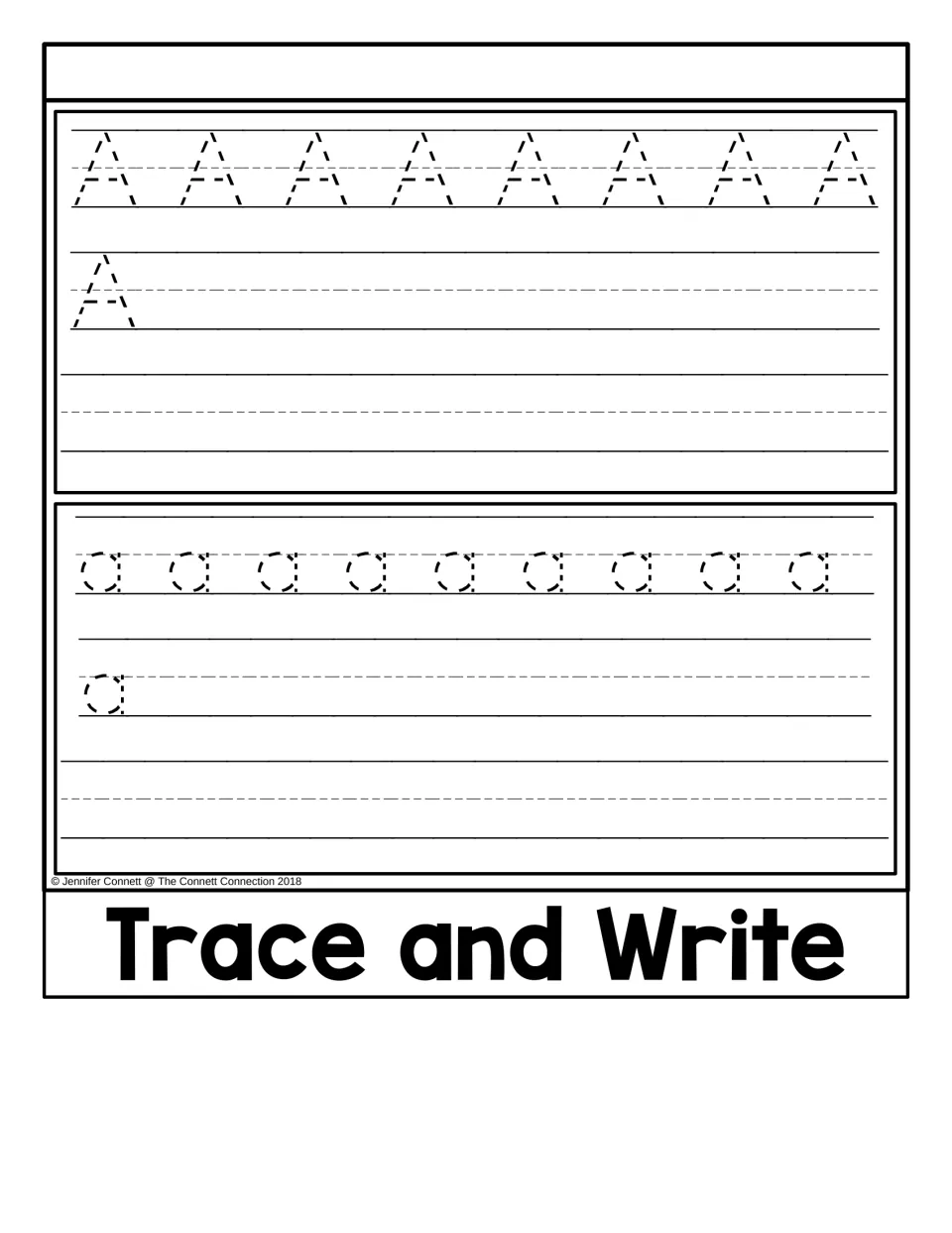 Trace and Write: students trace dotted capital A and lowercase a, then write each letter on the handwriting lines