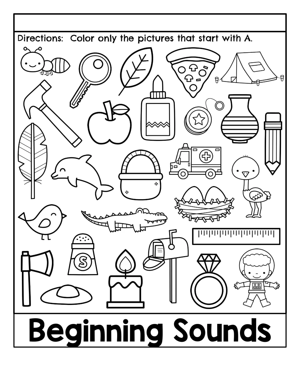 Beginning Sounds: students color only the pictures that start with A, such as apple, ant, alligator and astronaut