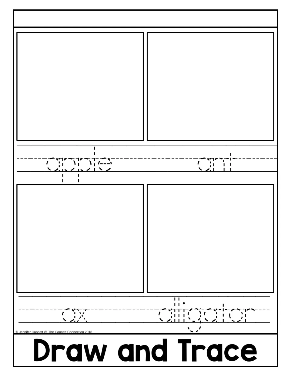 Draw and Trace: students draw an apple, ant, ax and alligator in four frames, then trace each dotted word below