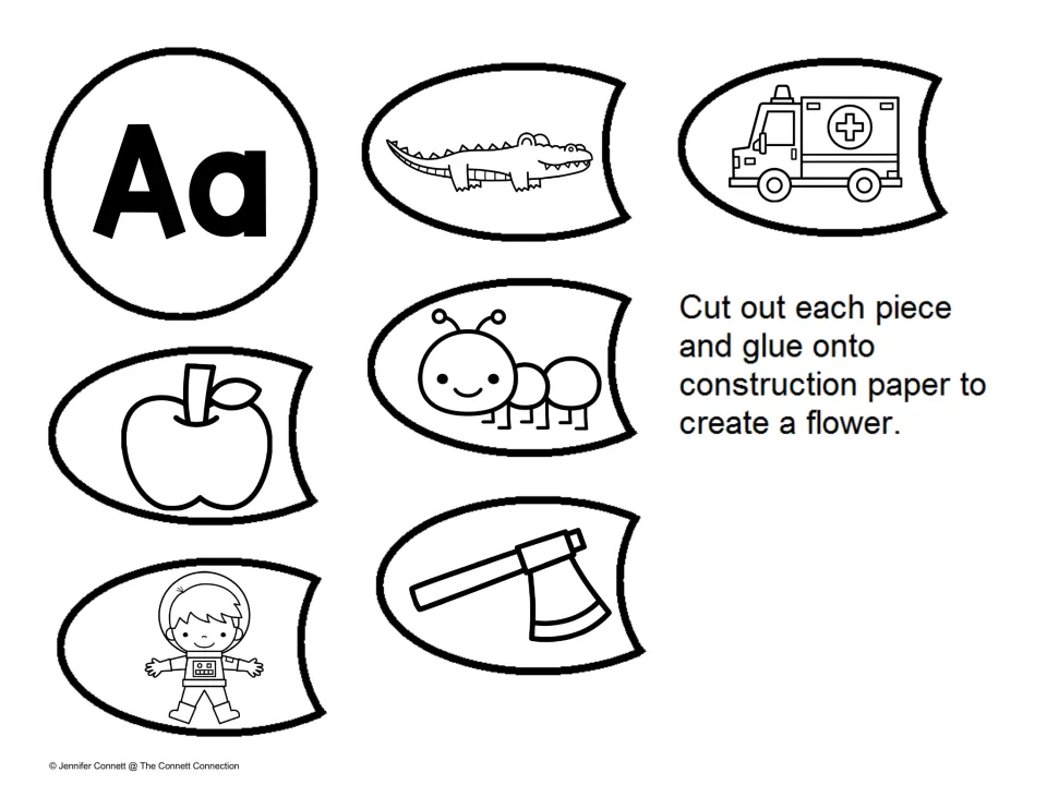 Flower craft template: Aa center and six petals with an alligator, ambulance, apple, ant, astronaut, and ax