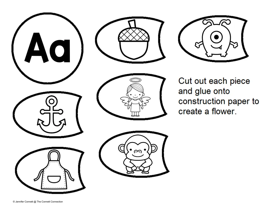 Flower craft template: Aa center and six petals with an acorn, alien, anchor, angel, apron, and ape