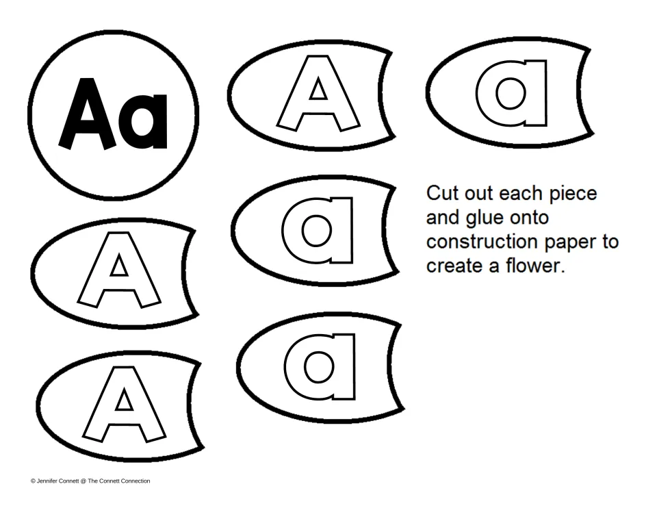 Flower craft template: Aa center with three uppercase A petals and three lowercase a petals to cut and glue