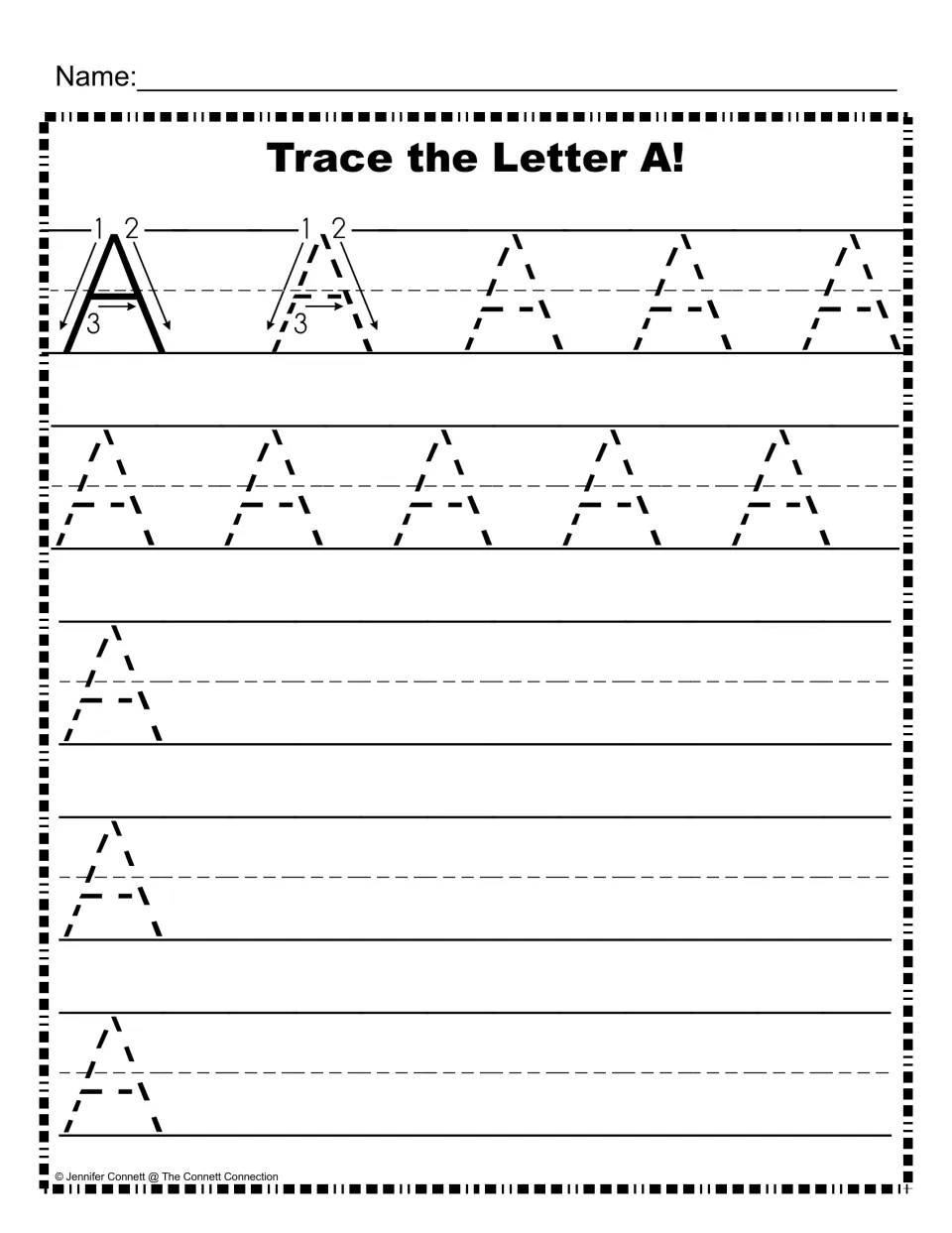 Trace the Letter A: students follow numbered stroke arrows, trace dotted capital A's, then write A on their own