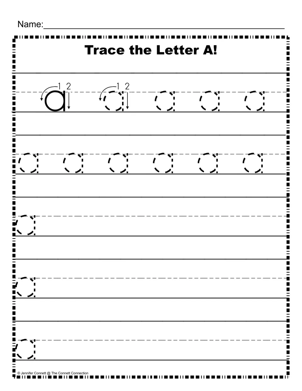 Lowercase a handwriting: students follow the 2-step stroke model, trace dotted a's and then write more independently