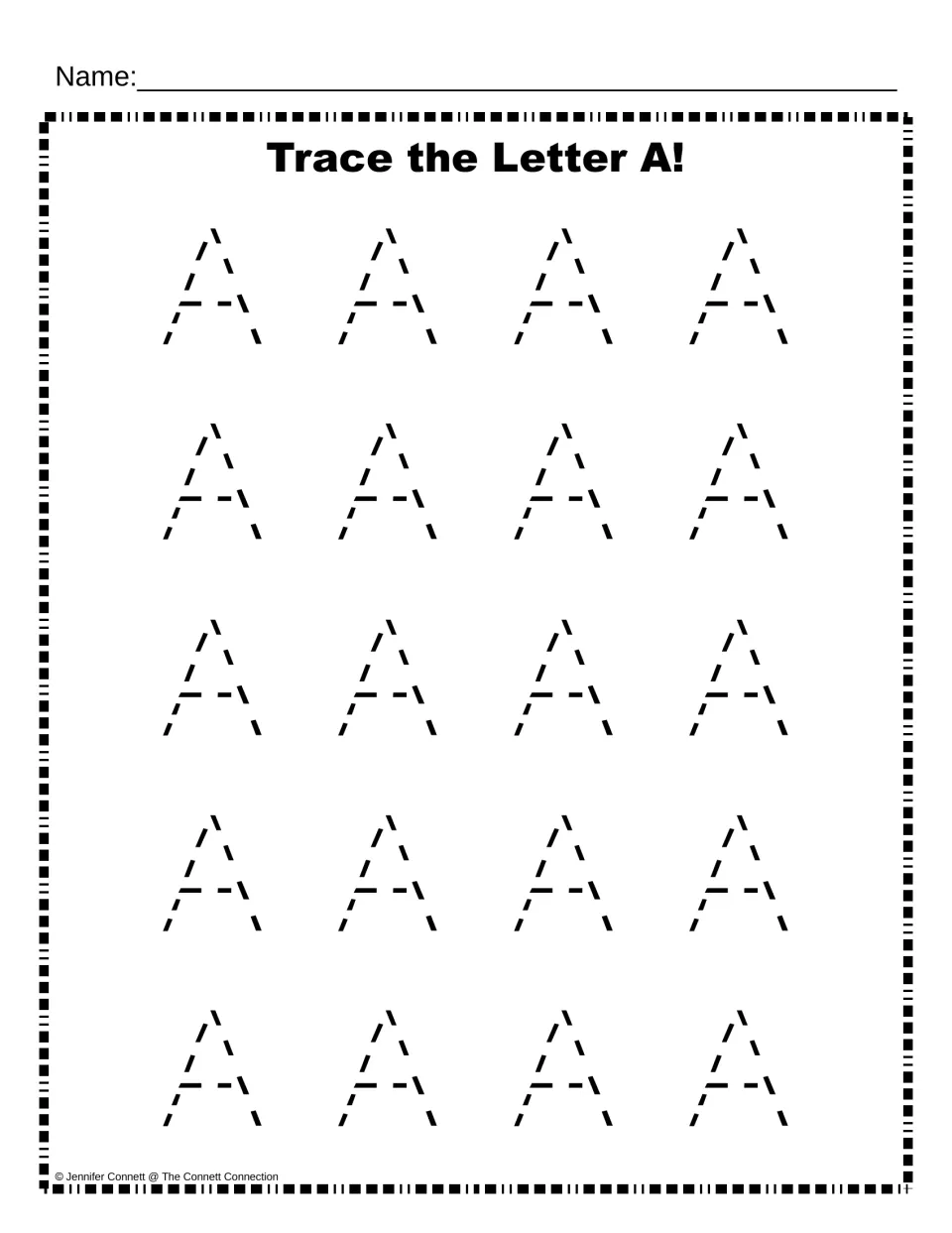 Capital A tracing: students trace twenty dotted uppercase A's set in five rows of four to build letter formation