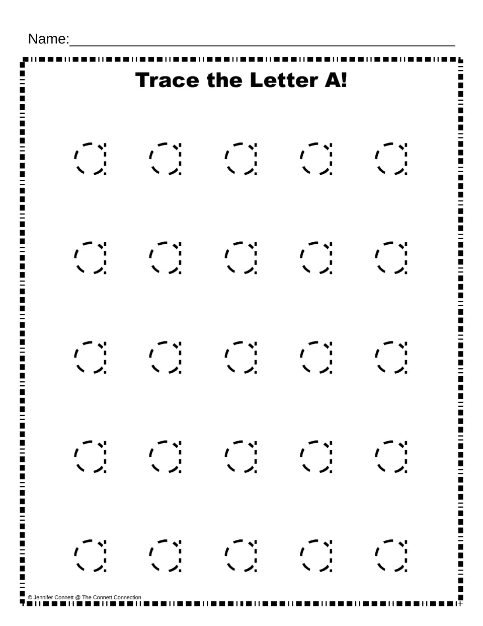 Small a practice: students go over twenty-five dotted letters set five to a row, forming the circle, then the down stroke
