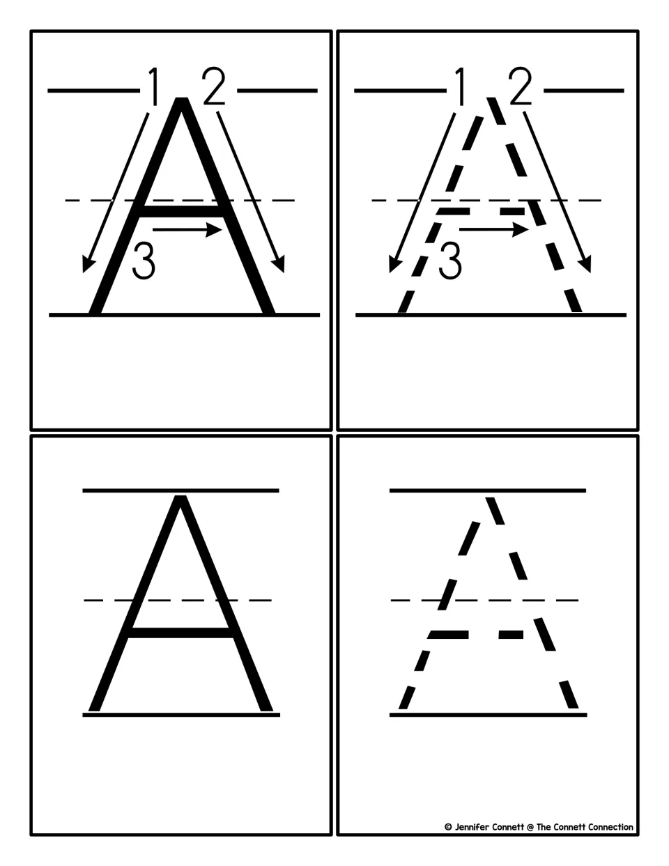 Capital A cards: a solid and a dotted A with numbered stroke arrows, plus a plain solid A and a dotted A to trace