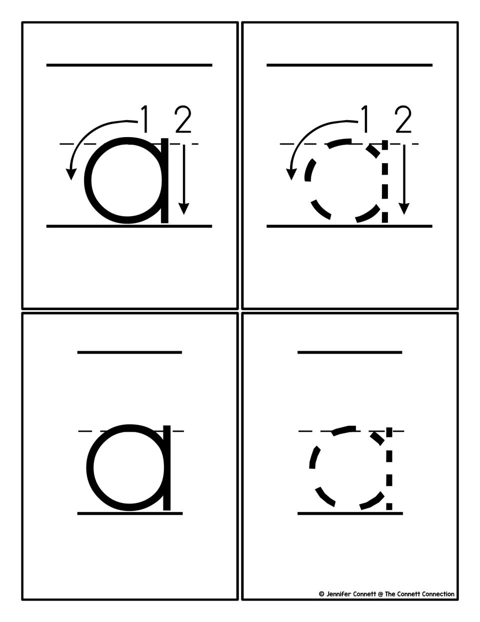 Lowercase a cards: solid and dotted a with numbered stroke arrows, plus a plain a and a dotted a for students to trace
