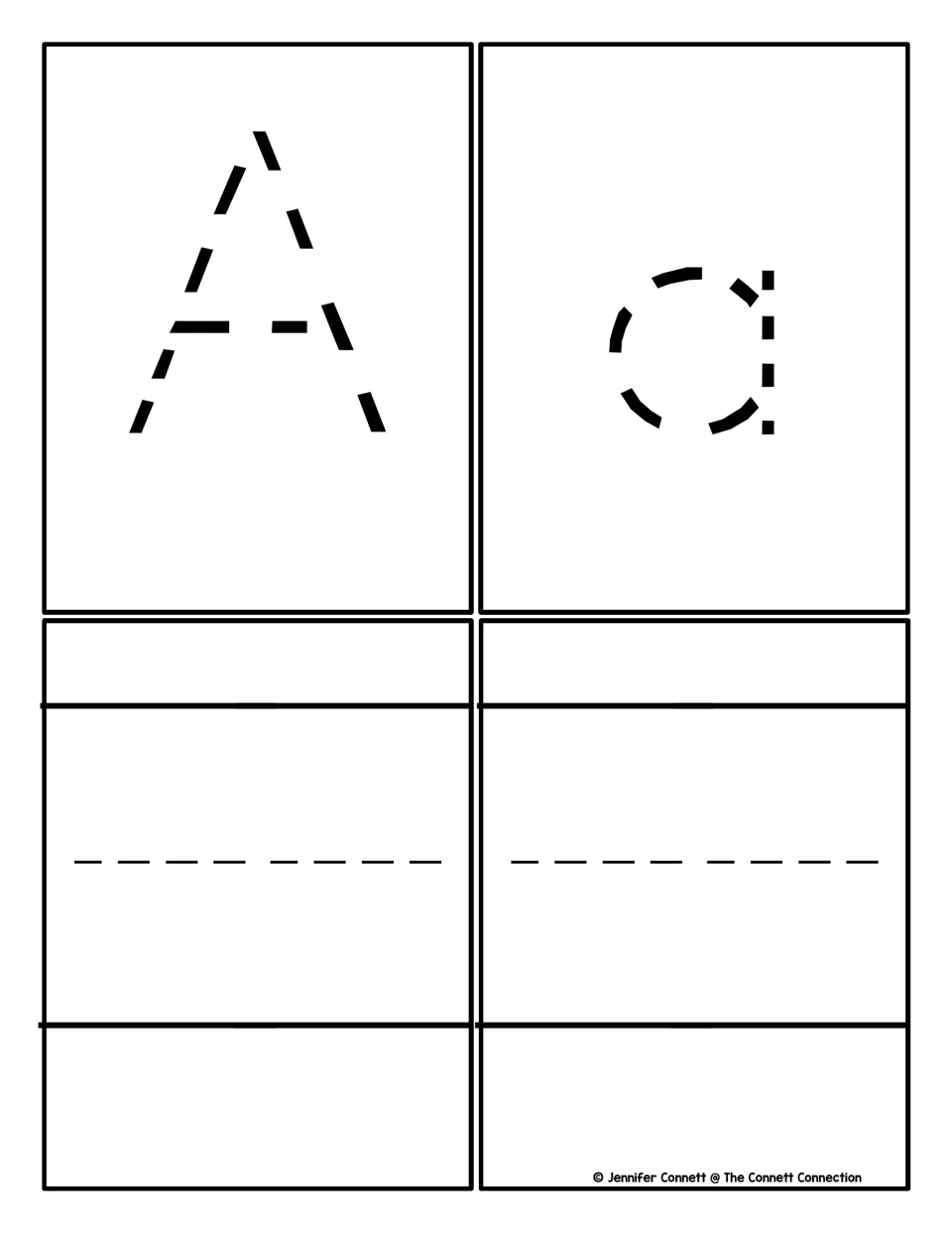 Letter A practice cards: dotted capital A and lowercase a to trace, plus two blank handwriting cards for writing each
