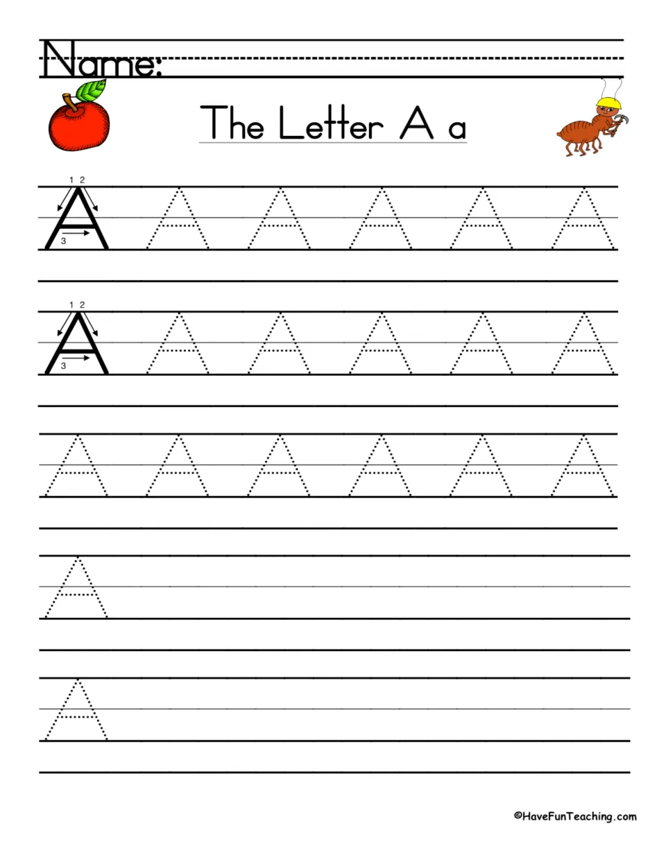 The Letter A a: students trace dotted capital A using stroke-order arrows, then write it freehand on two practice rows
