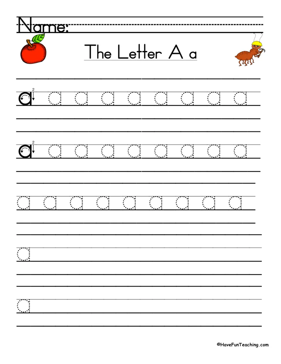Lowercase a formation: students copy the numbered stroke model, trace three rows of dotted a's and finish two open lines