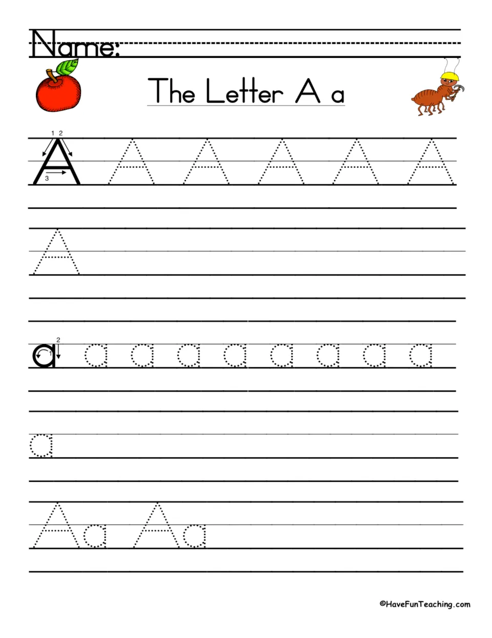 Mixed review of A and a: students trace one row of each form, write each alone on a line, and finish by tracing paired Aa