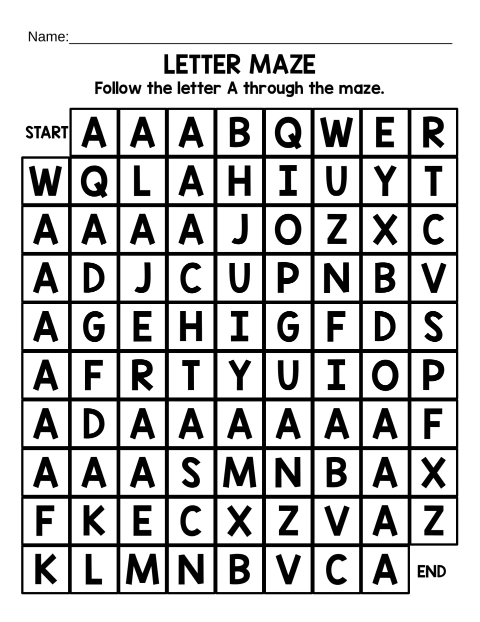 Uppercase A letter maze: students trace a path of capital A letters from START to END through 10 rows of mixed letters