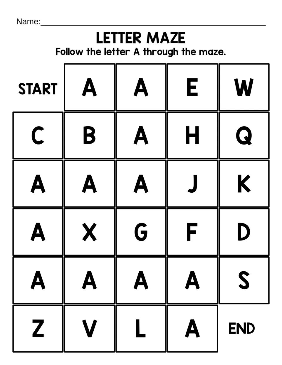 Short capital A maze: students follow the A path from START to END across six rows of large capital letters