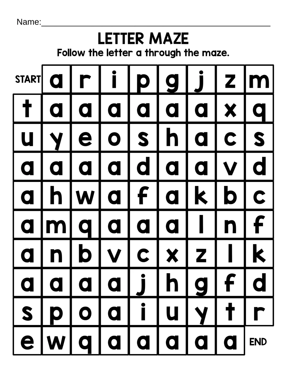 Lowercase a letter maze: students follow a path of lowercase a letters from START to END through 10 rows of mixed letters