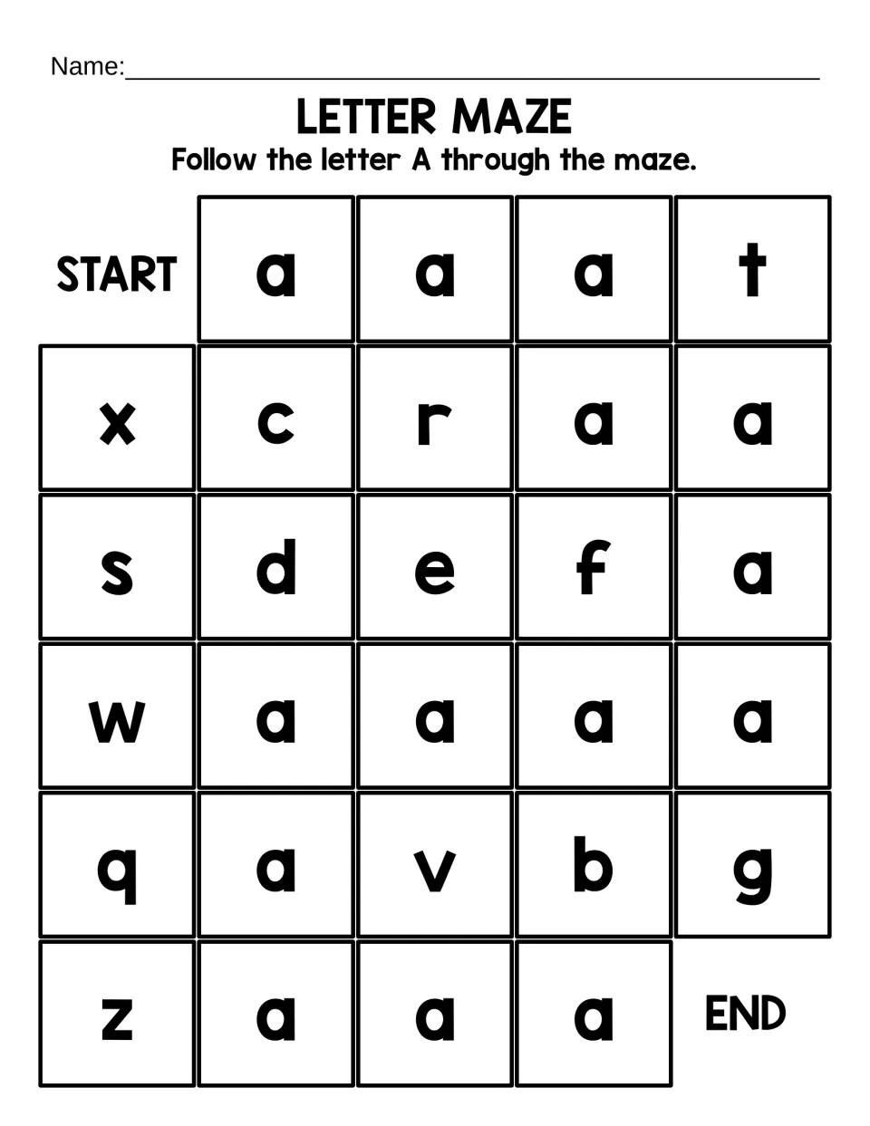 Short lowercase a maze: students trace the a path from START to END across six rows of large lowercase letters