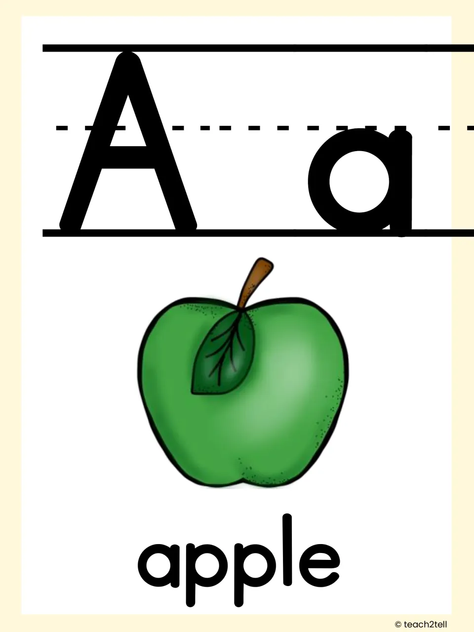 Letter A poster: uppercase A and lowercase a on handwriting lines above a green apple and the word apple
