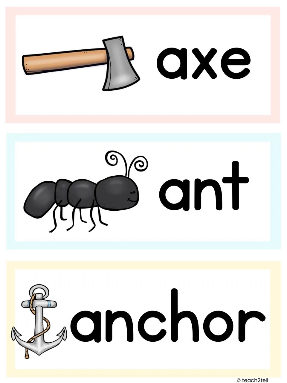 Letter A picture word cards: axe, ant and anchor, each with a picture beside the word for initial sound a practice