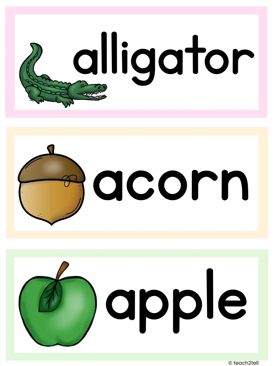 Letter A picture word cards: alligator, acorn and apple, each shown with a picture next to the printed word