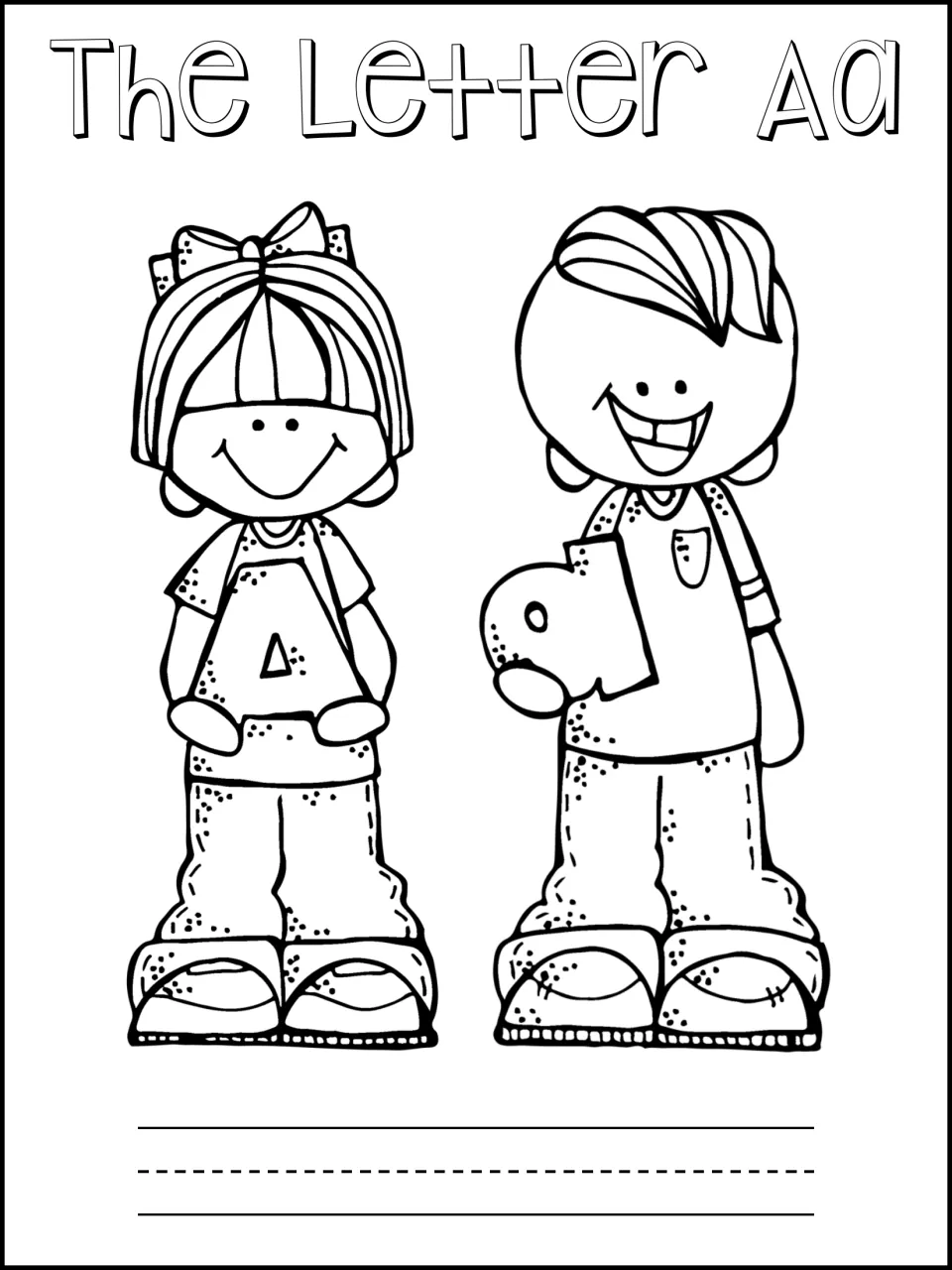The Letter Aa booklet cover: students color a girl holding uppercase A and a boy holding lowercase a, then write a name