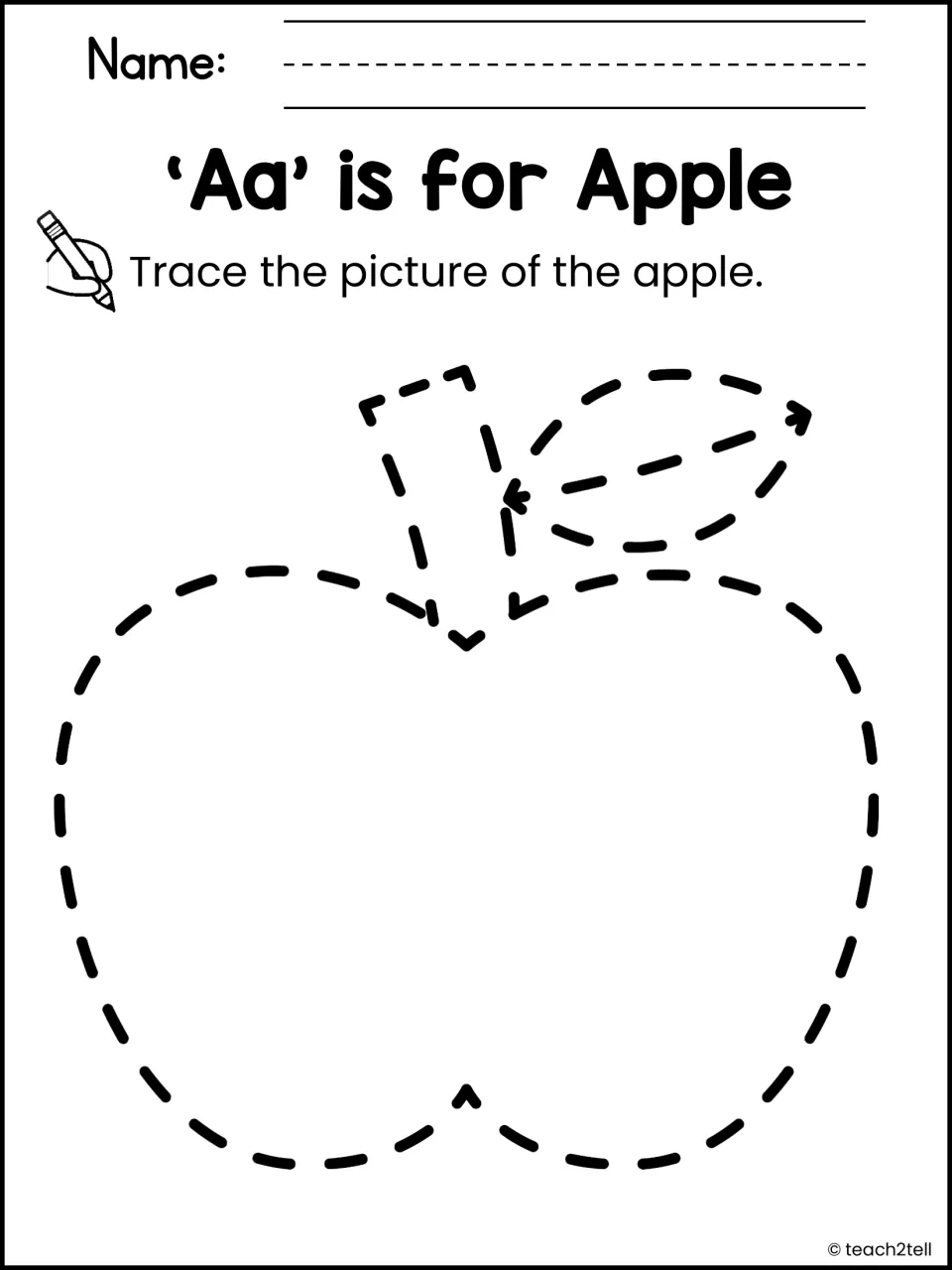 'Aa' is for Apple: students trace a dashed outline of an apple, its stem and its leaf, as picture tracing practice