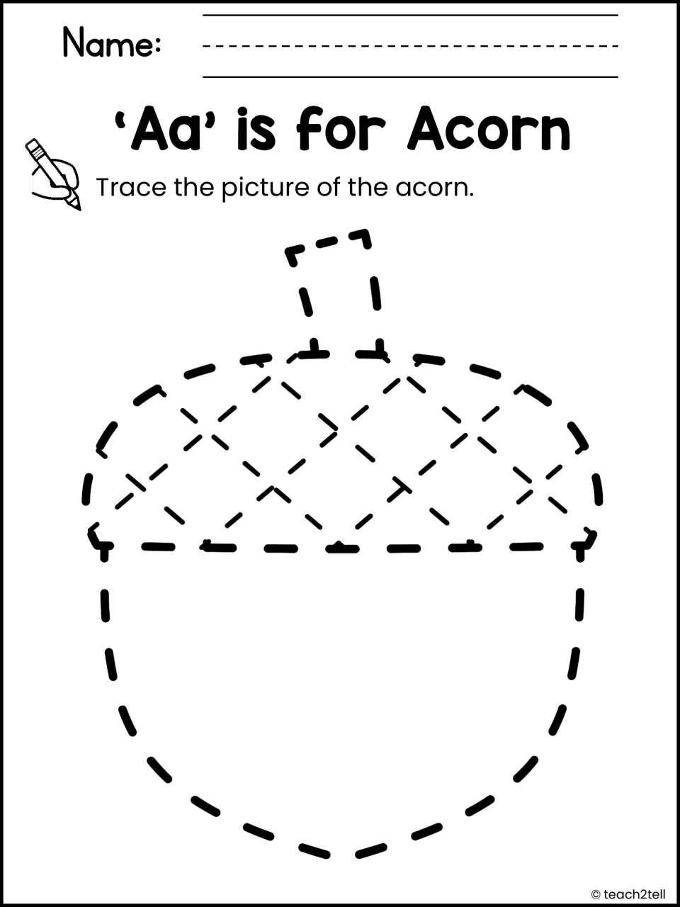 'Aa' is for Acorn: students trace a dashed acorn outline, including the crosshatched cap, for fine motor practice