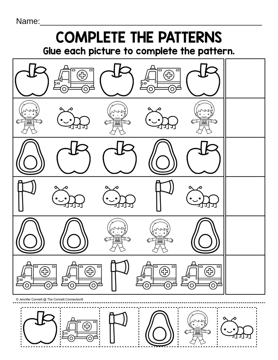 Complete the patterns: students cut out apple, ambulance, axe, avocado, astronaut and ant pictures and glue the next one