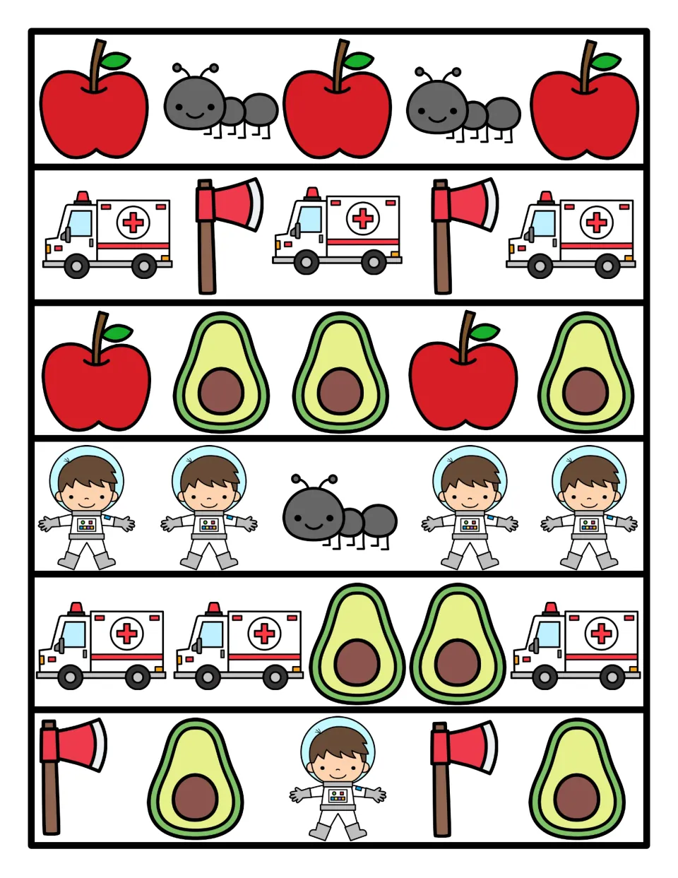 Color pattern strips: six rows of A pictures such as apple-ant and ambulance-axe for students to read and continue