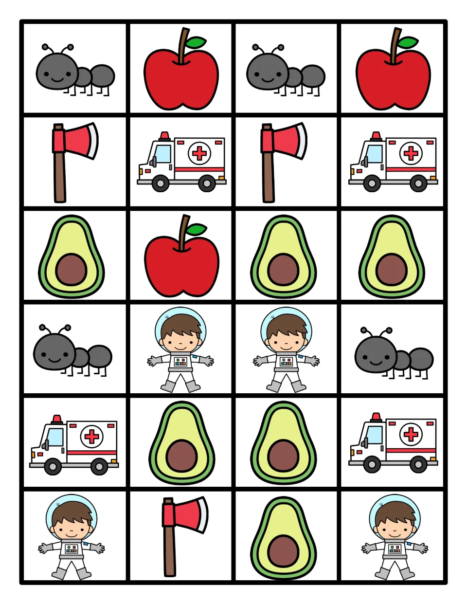 Color picture cards: 24 apple, ant, axe, ambulance, avocado and astronaut cards for building and extending patterns
