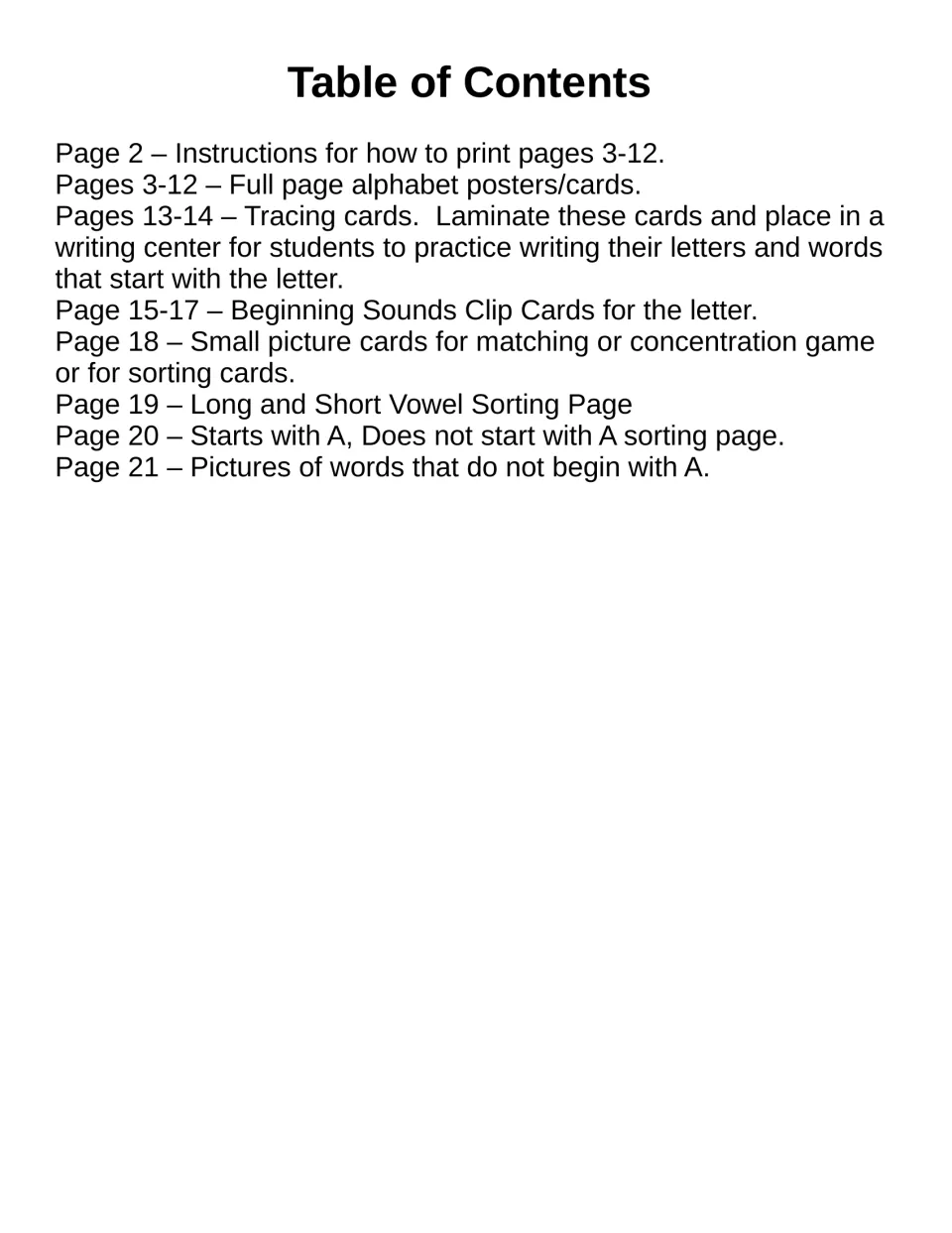 Table of contents for the letter A resource, listing posters, tracing cards, clip cards, and sound sorts