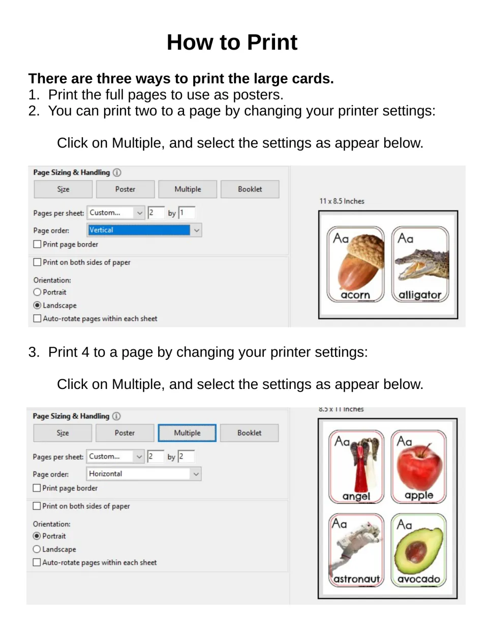 Printing guide for letter A cards: use full pages as posters or print two or four cards on each sheet