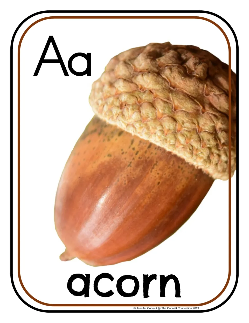 Letter A photograph poster/card showing uppercase A, lowercase a, and an acorn labeled with the word 'acorn'