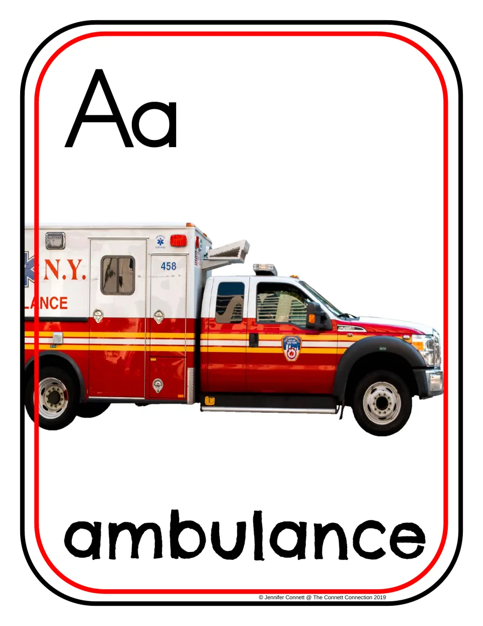 Letter A photograph poster/card showing uppercase A, lowercase a, and an ambulance labeled 'ambulance'