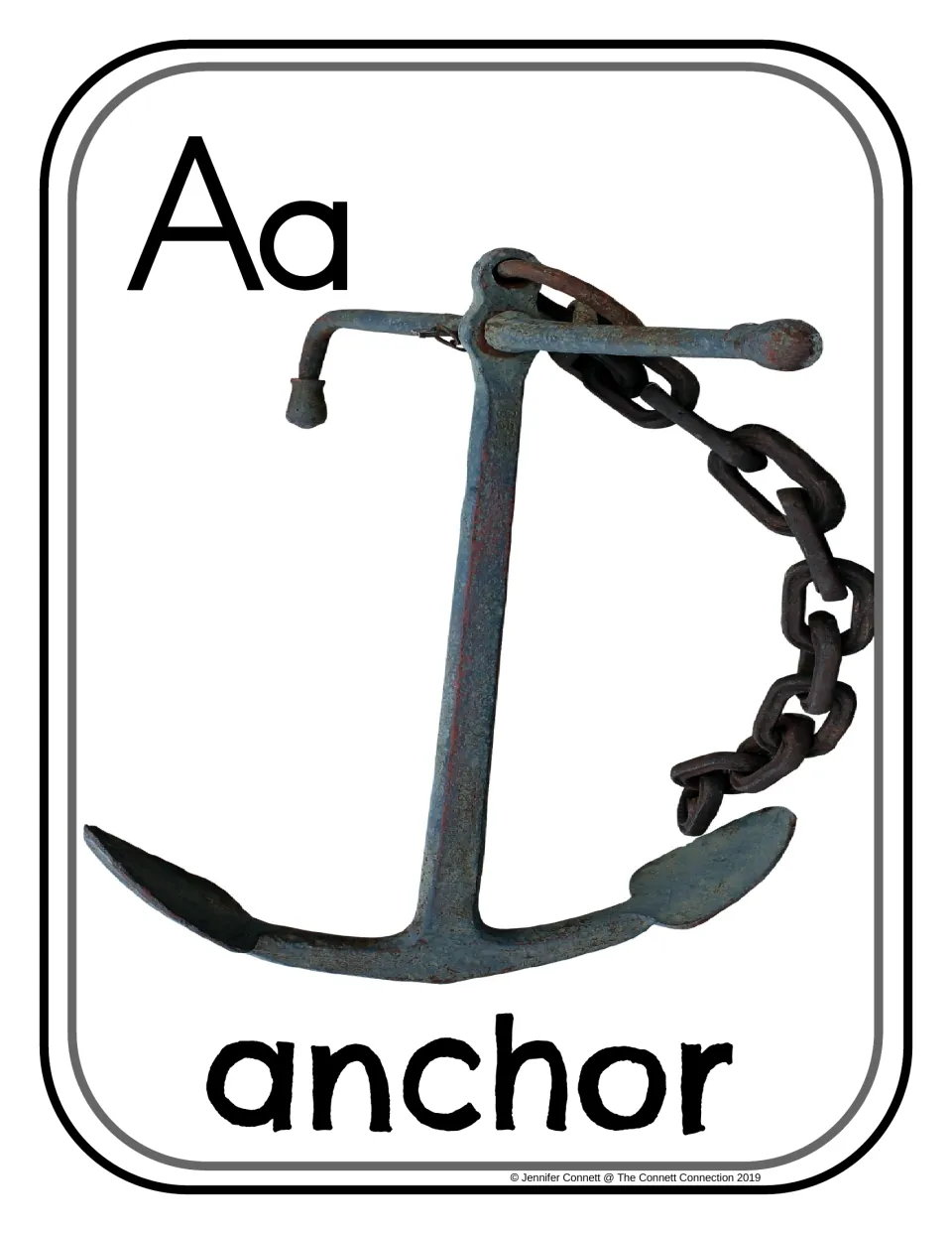 Letter A photograph poster/card showing uppercase A, lowercase a, and an anchor with a chain labeled 'anchor'